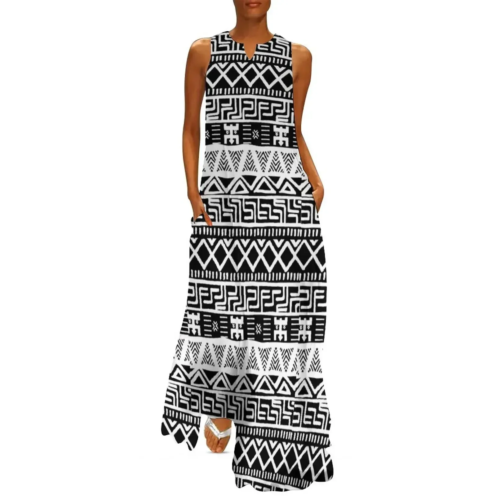 

Black and White African Bogolan Pattern Long Dress summer woman dress 2025 cocktail dresses summer dress
