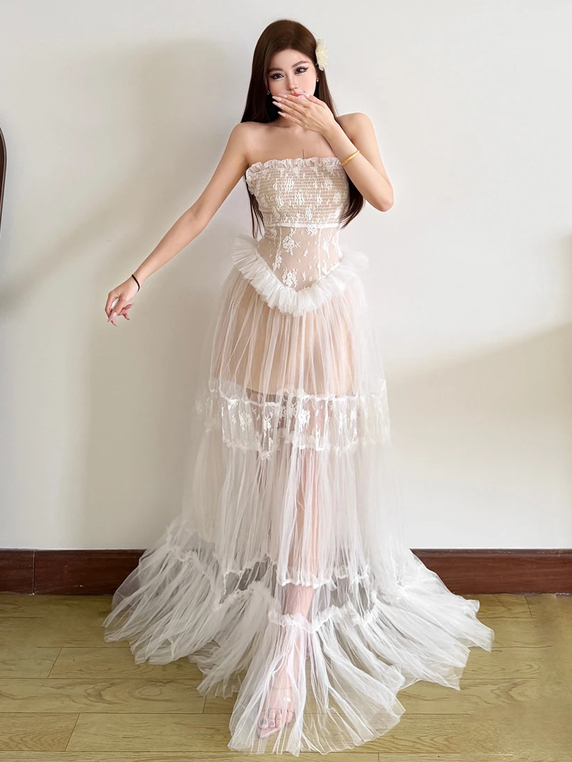 

Платье Sisjuly Princess Wardrobe с романтичным дизайном из тюля, кружевом и рюшами, облегающее, без бретелек, женская мода, весенний сезон