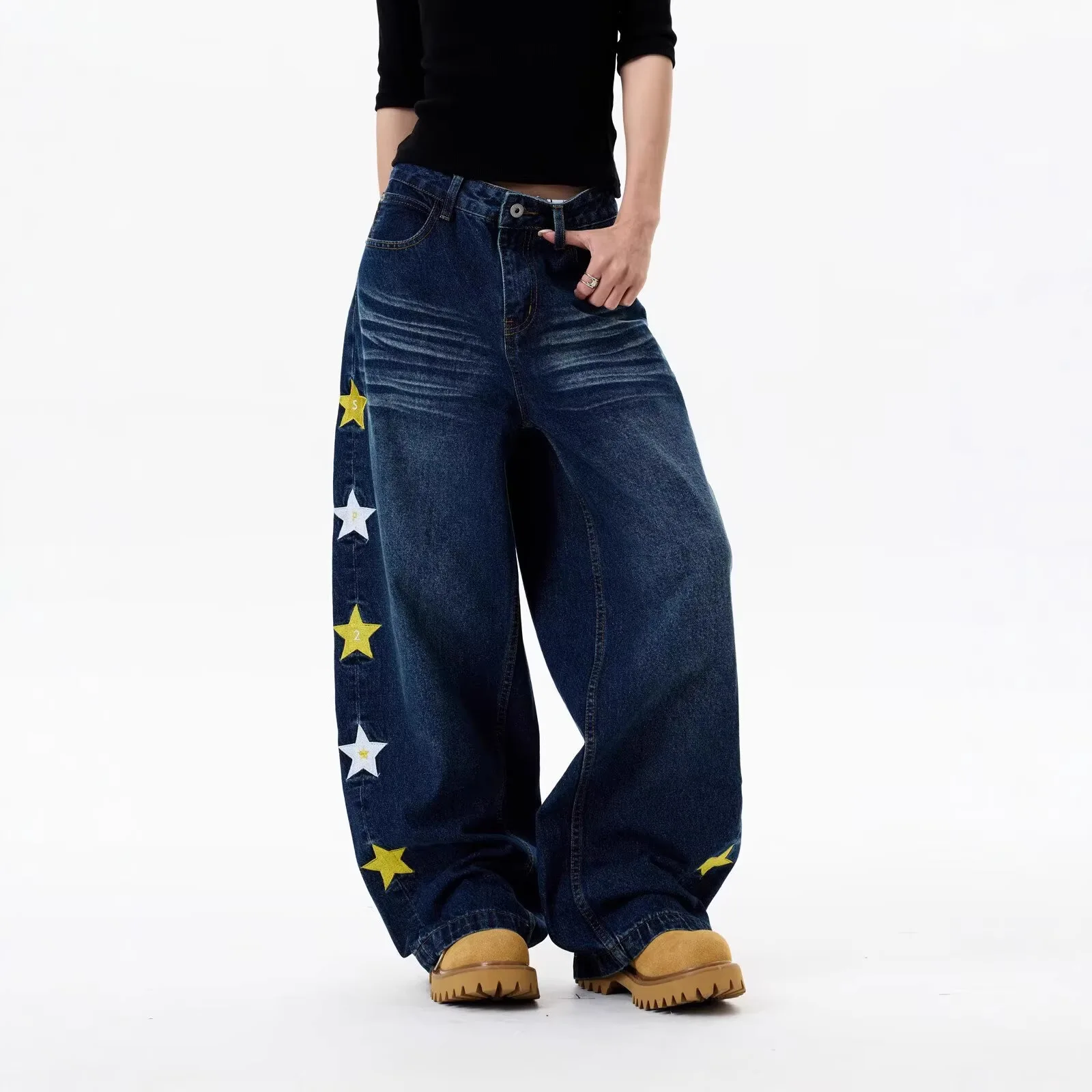 

Retro Jazz Dance Star Print High Waist Wide Leg Jeans Women's Summer Crossbody Loose Fit Bootcut Trousers Casual Denim Pants