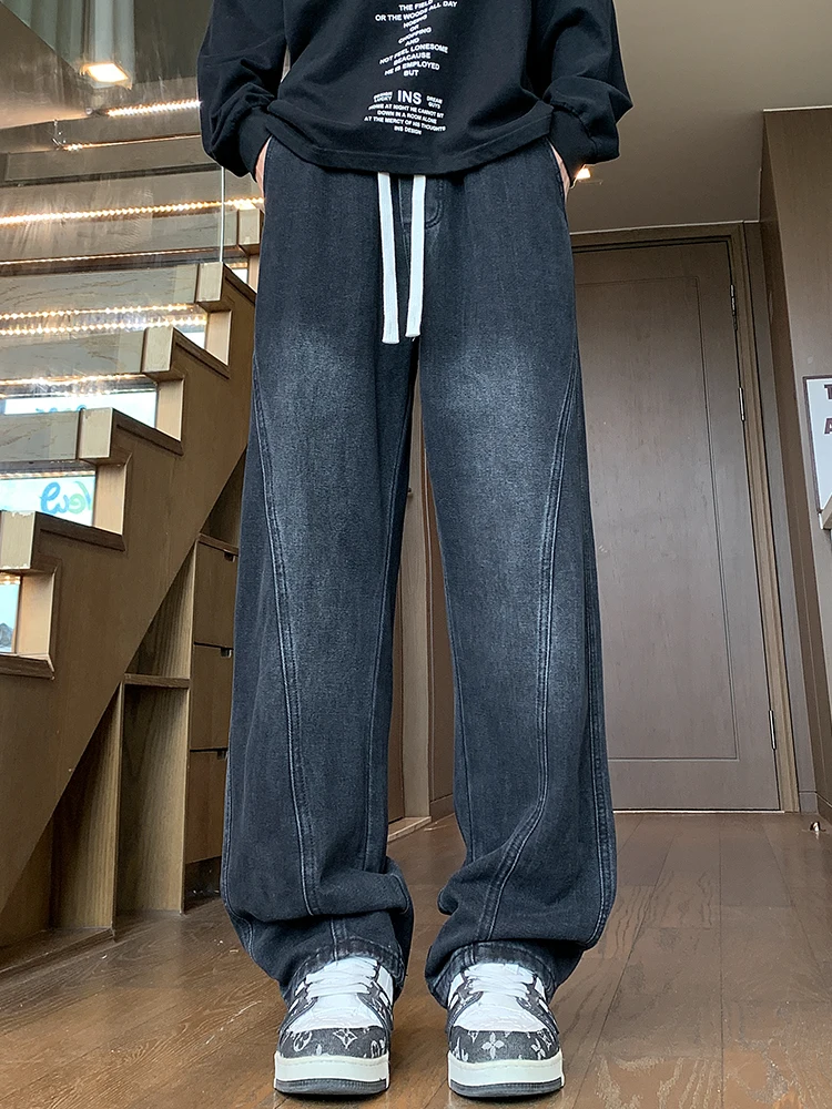 

Американский дизайн, джинсы в полоску, мужские осенне-зимние универсальные повседневные брюки, удлиняющие широкие джинсы из хлопка и полиэстера...