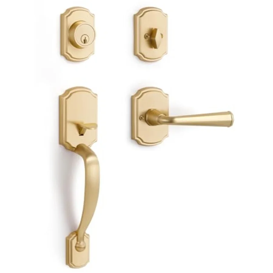 

1 Pack Gold Front and Set Reversible Brushed Brass Lever Entry Lock set Key Single Cylinder