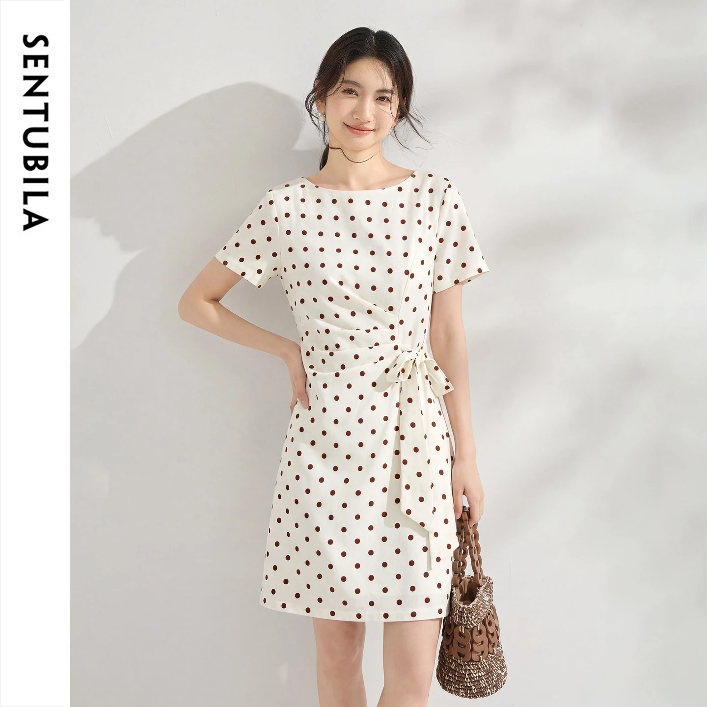 

SENTUBILA Women's French Polka Dot Dress Linen A-line Retro Fashion Short Sleeve Short Dress Ladies Party Wear 162LI7499
