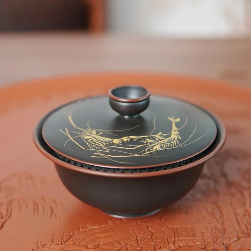 100ml Qinzhou Nixing Pottery Gaiwan Master Handmade Shrimp Play Tea Tureen Stone Carving Cover Bowl Full Hole Filter Lid Tea Set