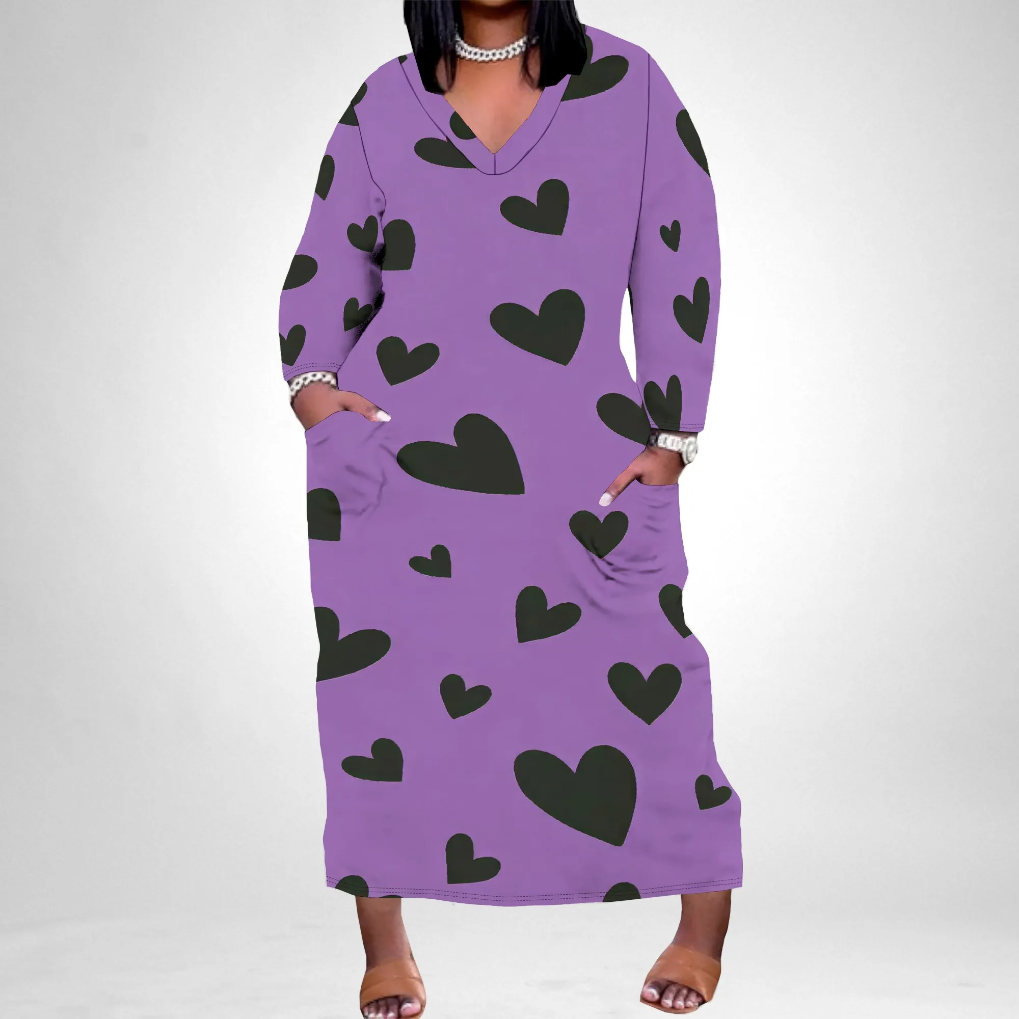 Abito lungo da donna con stampa a pois taglie forti a maniche lunghe con scollo a V e tasche Abito ampio casual autunnale