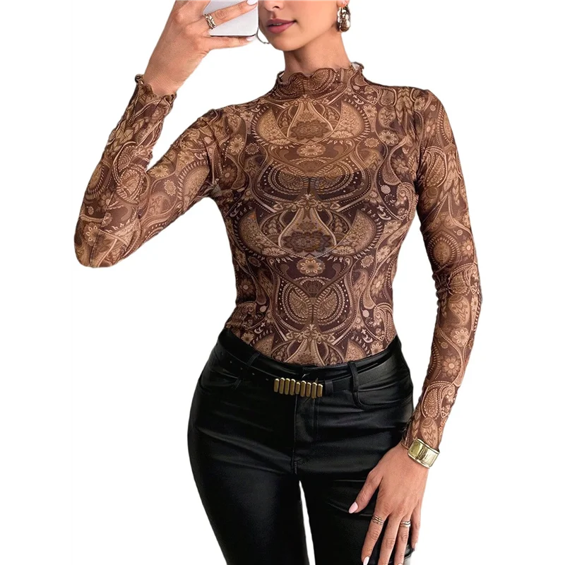 

AG-Womens Mesh Long Sleeve Tops Mock Neck Going Out See Through Shirts Sheer Blouses Clubwear
