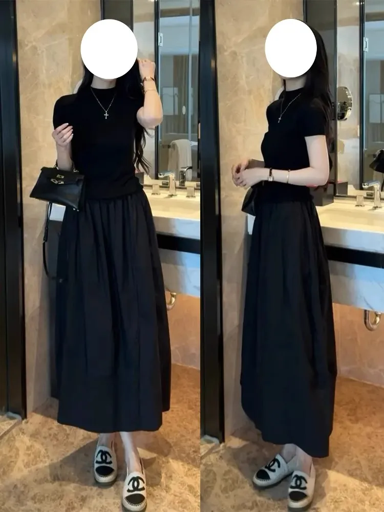 Summer Fashion Women's Half High Collar Short Sleeve T-Shirt Black Slimming  Skirt Two-Piece Set Stylish Casual Outfit