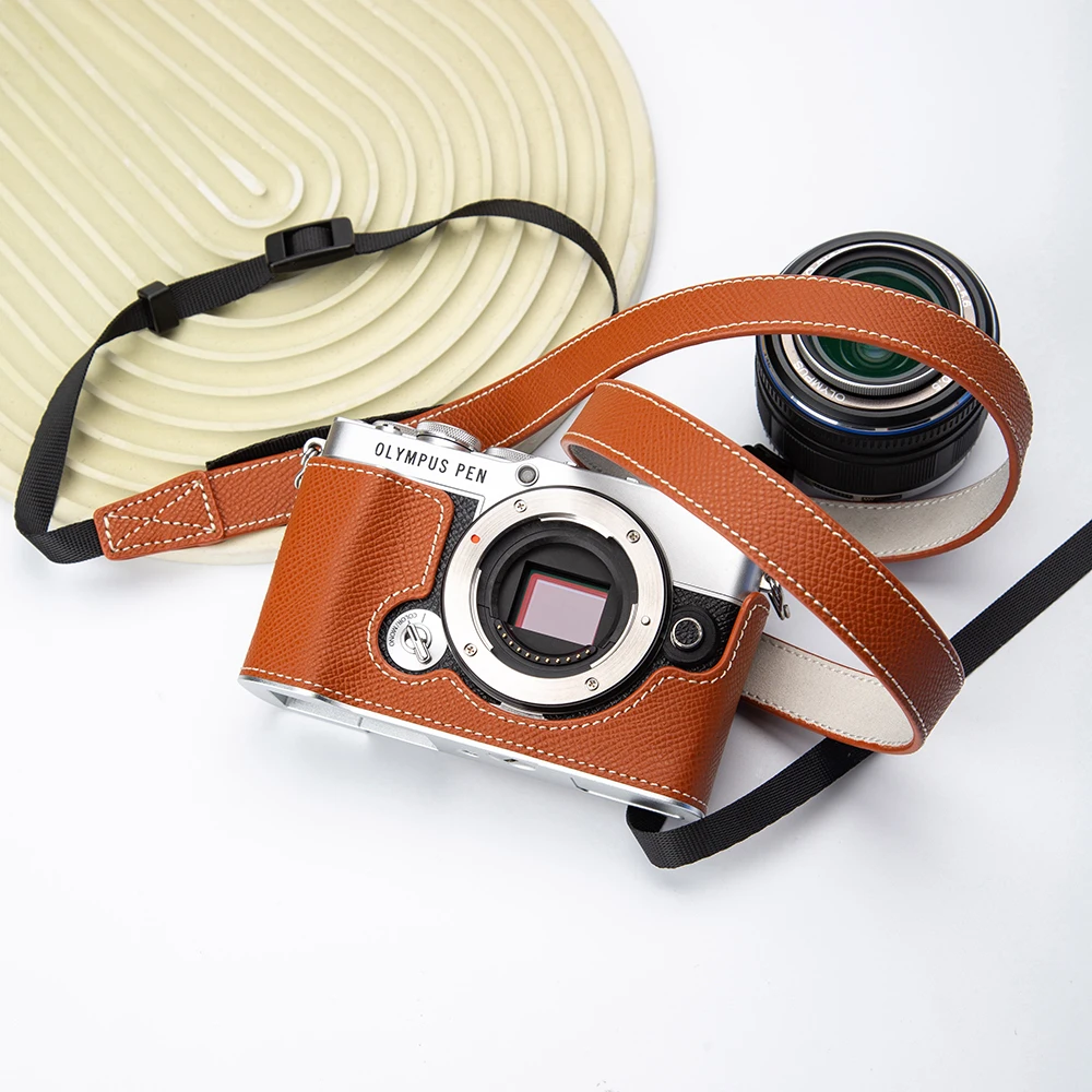 EP7 media funda de cuero genuino EP 7 bolso de cámara hecho a mano funda protectora para OLYMPUS E-P7 EP7 funda correas de hombro correa de muñeca