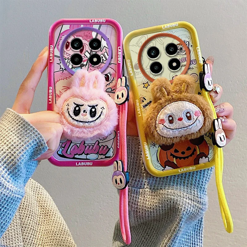 3D Cartoon Lovely Plush Labubu Rope Pendant Phone Accessories Protective Cover Phone Case suitable for Realme 12 13 Pro Plus 12X