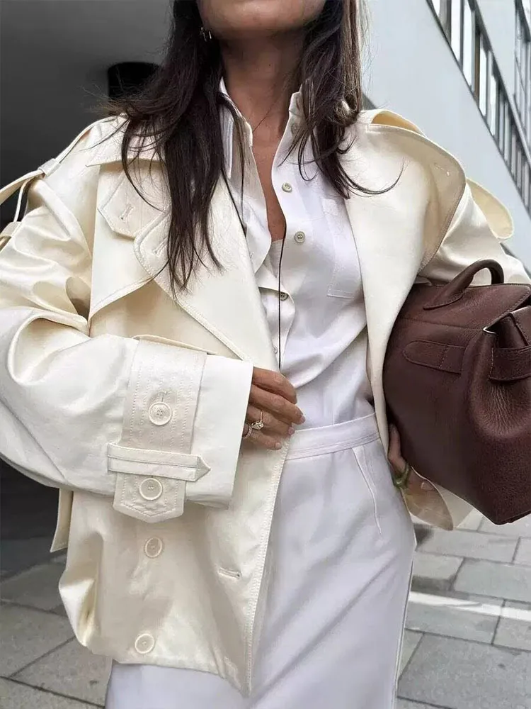 

HH Women's Winter Fashion Versatile Lapel Double-breasted Short Windbreaker Female High Street Casual Pocket Decorative Jacket