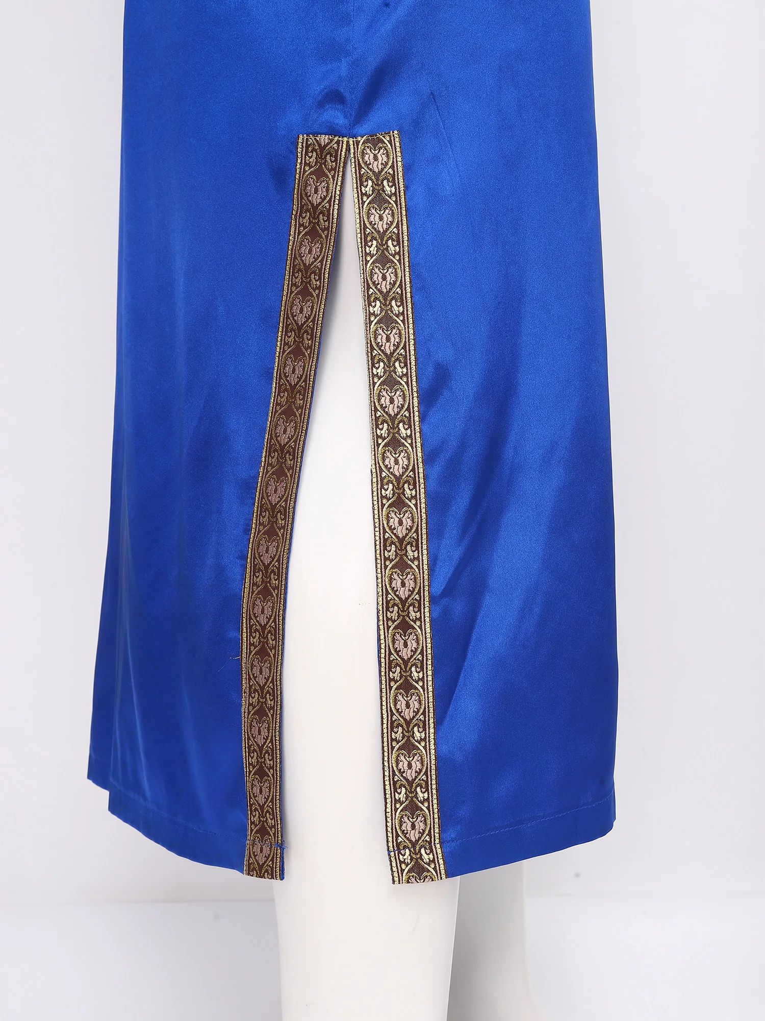 

Men Muslim Islamic Satiny Robe Party Exquisite Gold Trim Long Sleeve Robe Coat Front Zip Slit Hem Abaya Dress Arab Kaften Thobe