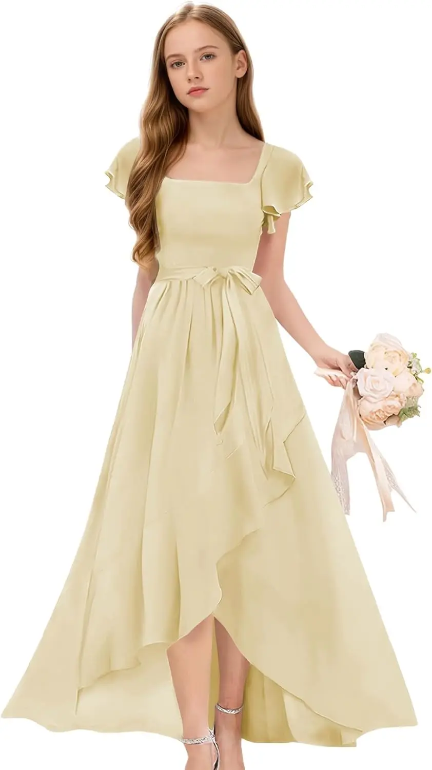 Младшие платья подружки невесты для девочек-подростков, шифоновое платье с короткими рукавами для девочек с цветочным узором, пышные платья для свадебной вечеринки, платье для девочек