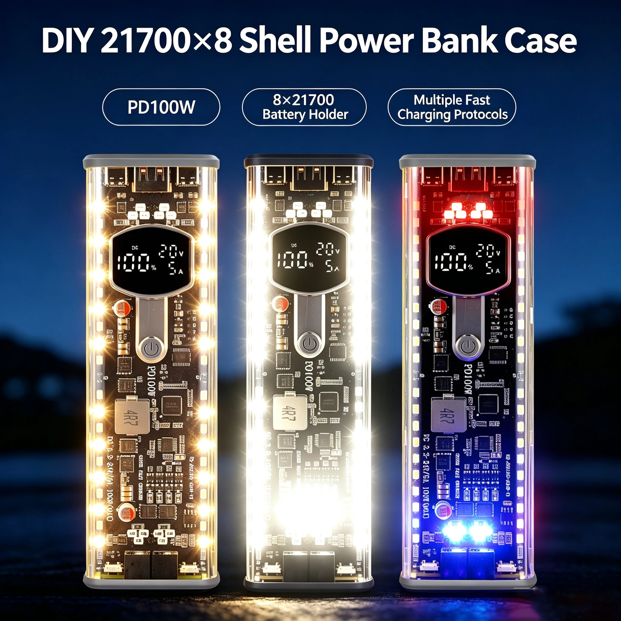 PD 100W Fast Charging DIY 21700*8 Shell Power Bank Case Transparent Battery Case Battery Charge Storage Box Without Battery ﻿