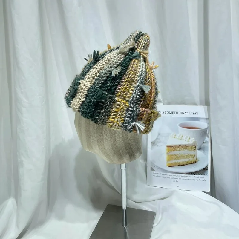 Niche Colored Fringed Wool Beanie Hat Women\'s Autumn Winter Japanese Warm Ear Protection Contrasting Knitted Pacifier Hat