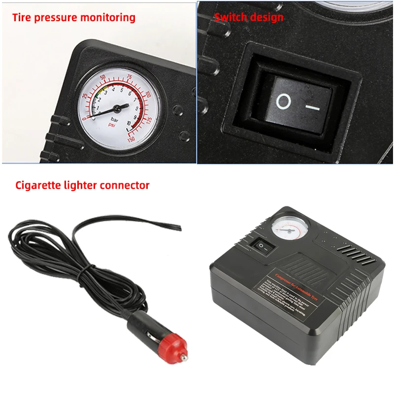 Car Emergency Auto Air Pump DC 12V Tire Inflator Tool Pressure Gauge Cigarette Lighter Connector Compact & Portable High Quality