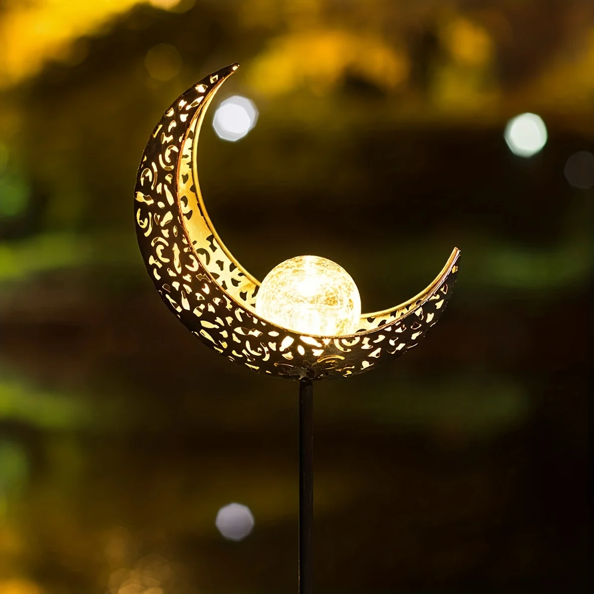 1pc Moon-Shaped Solar-Powered Metal Fairy Lantern - Waterproof LED Landscape Light Perfect for Patio and Yard Decor