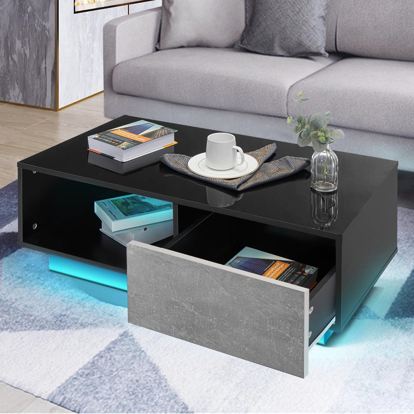 Coffee Table with Drawer Remote or App Control Built-in Power 16 Color RGB LED Light Open Storage Compartment Cocktail Tea Table