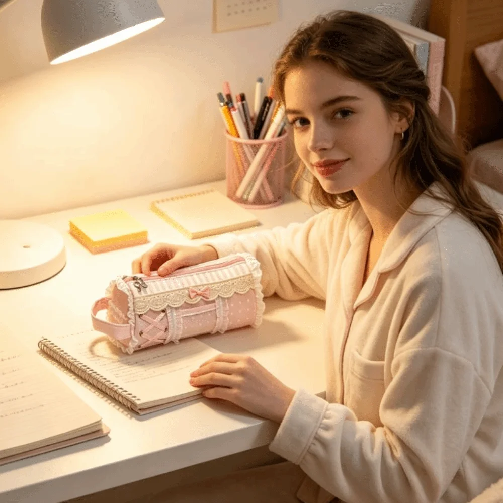 Desktop Storage Large Capacity Lace Pencil Case Ruffle Pink Pencil Pouch INS Style Sweet Stationery Pen Bag Makeup Storage
