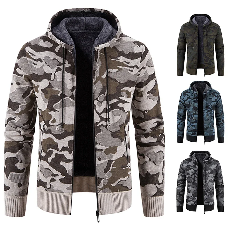 

Men Winter Hoodies Knit Sweater Coat Zip Up Camouflage Jacket Y2K Sweatshirts Fleece Zipper Open Overcoat Hombre Men Clothing
