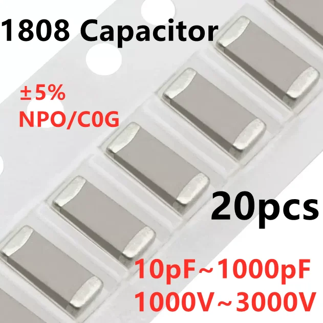 1808 20szt Kondensator SMD 10/12/15/20/22/27/33/39/47/56/68/82/100/120/150/180/220/330/470/560/680PF 1NF NPO C0G 1000V 2KV 3KV
