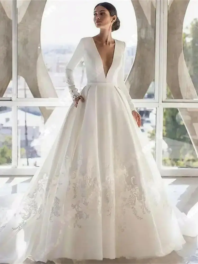 Romantic A-Line Wedding Dresses Simplicity Decals V-Neck Bride Gowns Newest High Quality Floor Mopping Women Vestidos De Novia