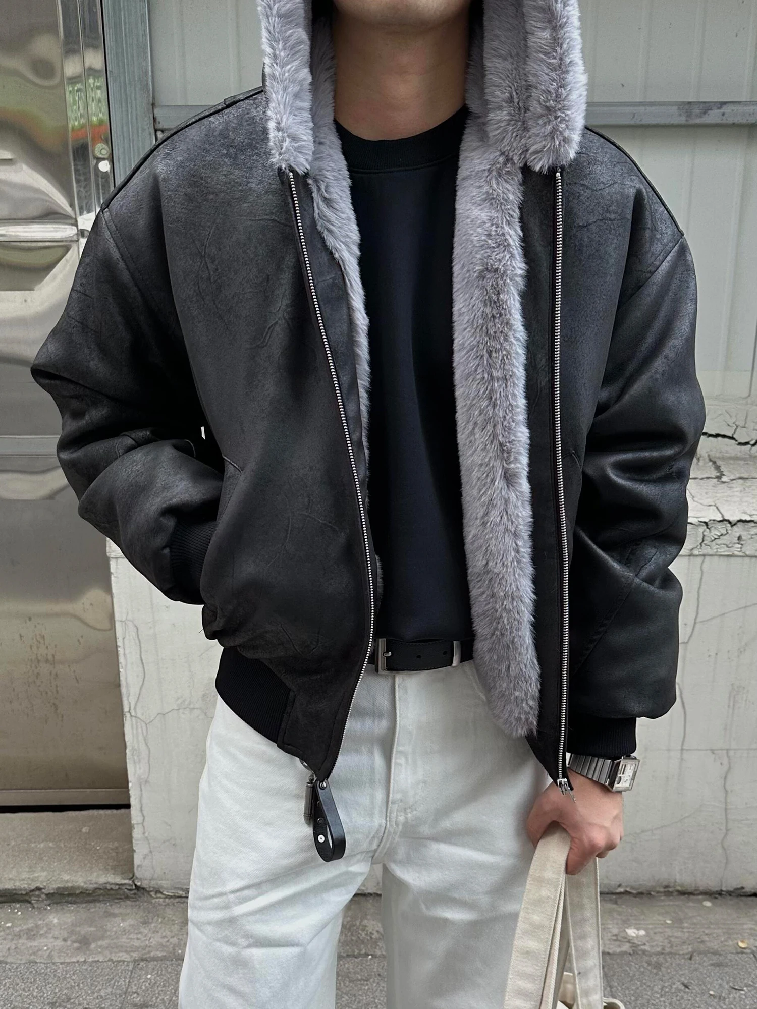 

American Sle Thiened Winter Cotton Jaet Men's Hooded PU Leather Coat Faionable Youth Sle Regular Sve Length