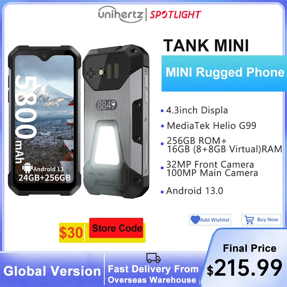 Unihertz 8849 Tank Mini Rugged Smartphone 4.3 Inch Display Android 13 5800mAh 24GB 256GB Helio G99 Octa Core 100MP Cameras IP68