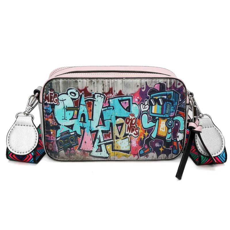 New Girls\' Graffiti Camera Bag 2024 New Fashion Print Wide Shoulder Strap Small Square Bag Women\'s Personalized Shoulder Bags