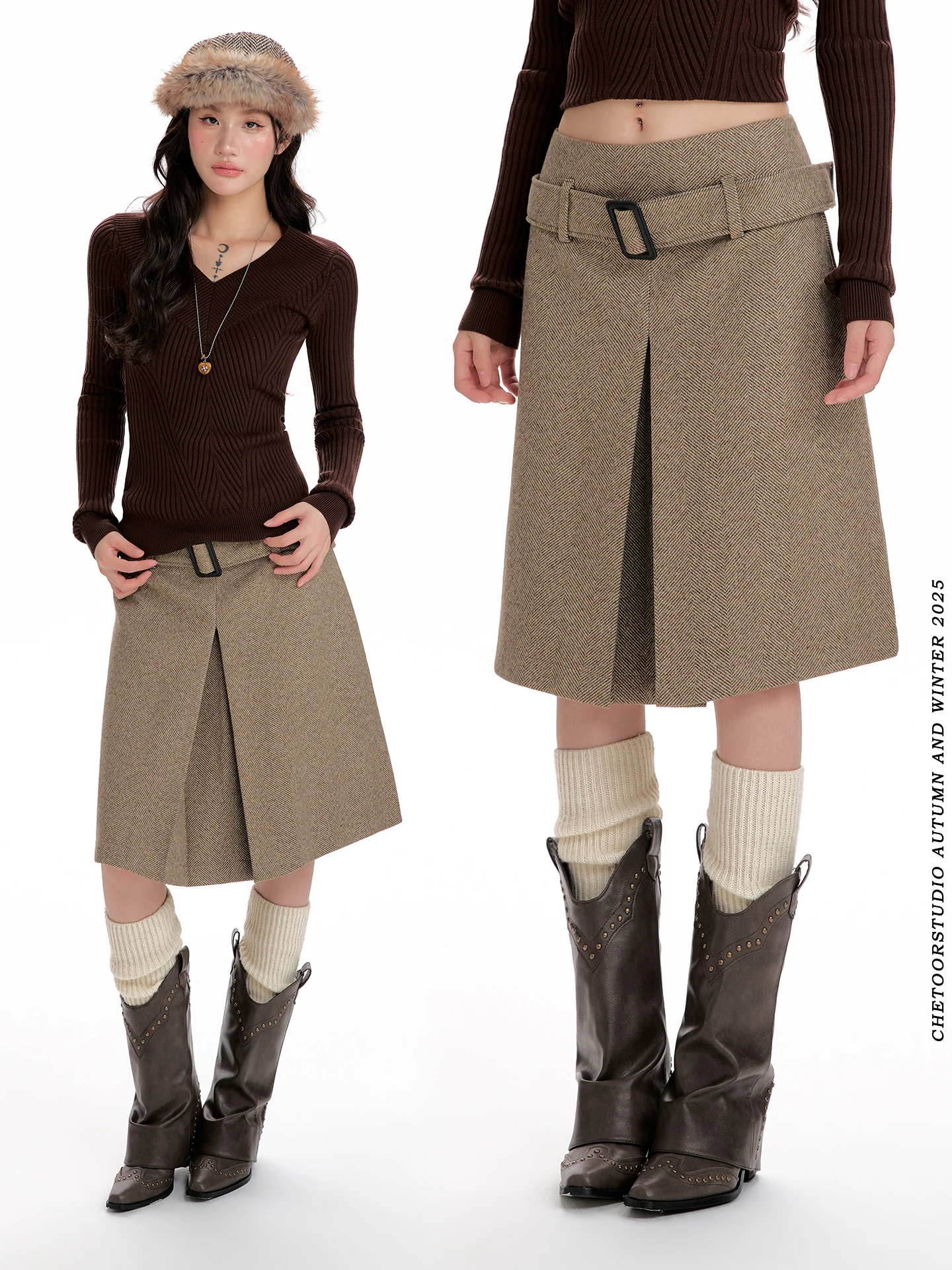 

Retro Tweed A-Line Midi Skirt High Waist Slim Fit Women's Autumn Winter Belt Design f-length Skirts Faion Ladies' Clothing