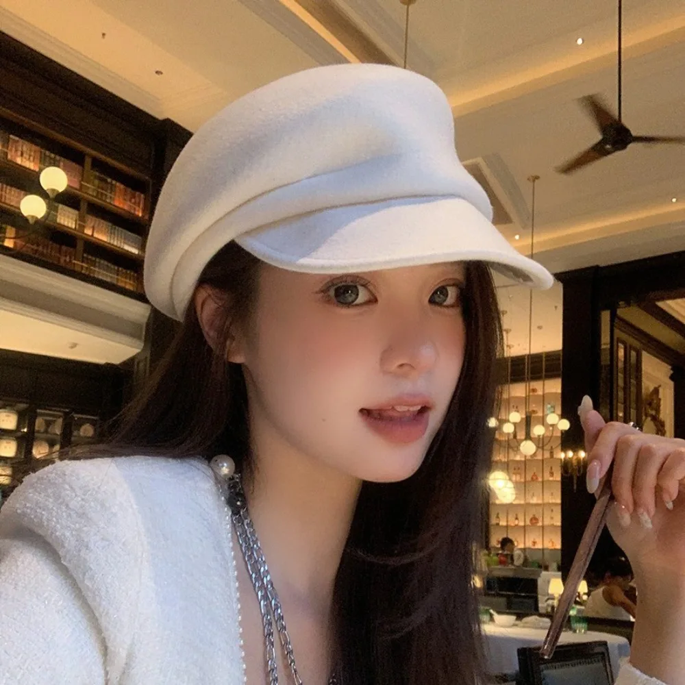 Fashion Wool Blend Newsboy Cap Solid Color Sloping Brim Peaked Cap Breathable Beret Hat For Women