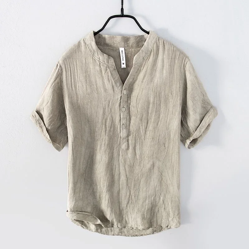 Summer Casual Men's Short Sleeve Shirt Linen V-neck T-shirt Vintage Pleated Linen Casual  Color Overhead Men's Top
