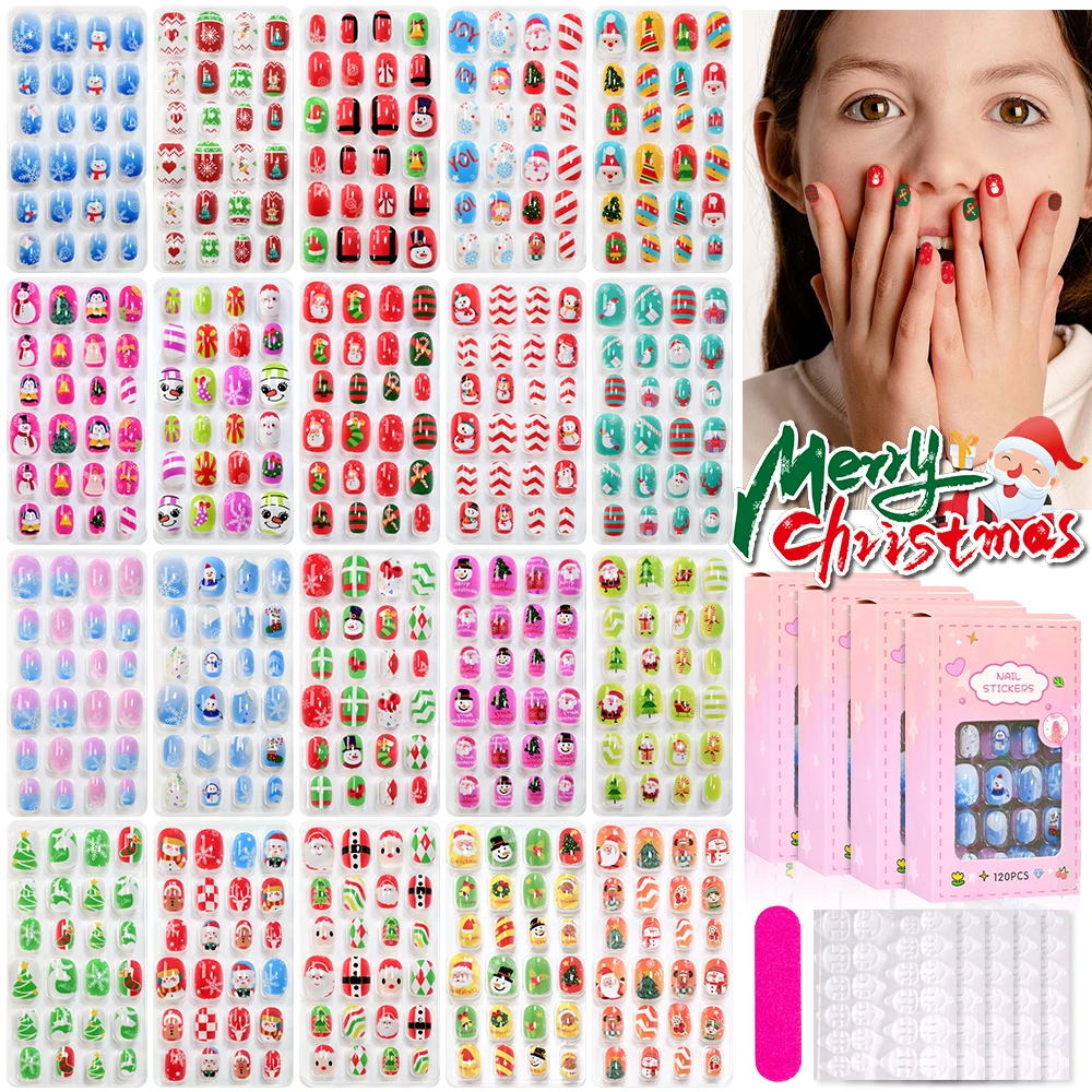 

120pcs Christmas Children Fake Nails+File Stripe&Jelly Sticker Santa Claus,Snowman,Snowflakes Round Press On Nails Xmas Kid Gift