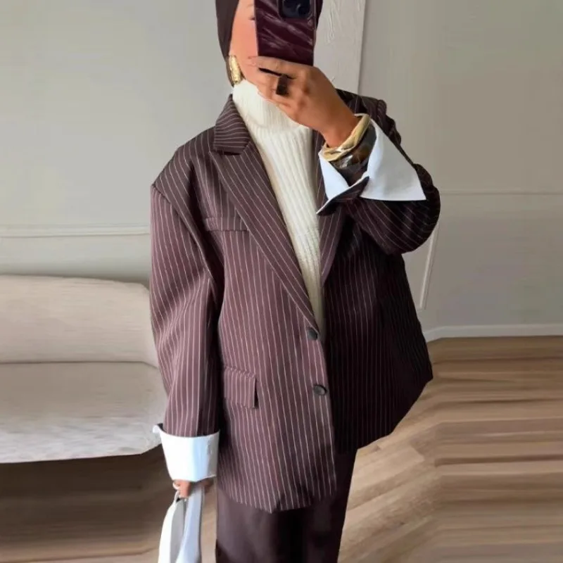 

Brown Striped Loose Suit Jacket Women Long Sleeve Contrast Lapel Single Breasted Jacket 2026 Autumn New Cuff Flanging Coat Lady