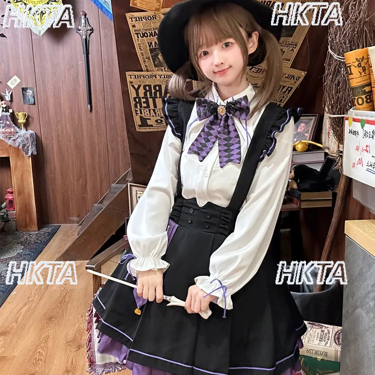 Japanese Halloween Lolita College Rhombus Bow Long Sleeve Shirt White Top Ruffle Edge Contrasting Strap Skirt Autumn Suits Women