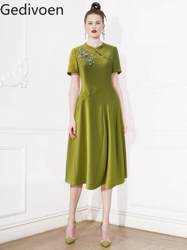 

Gedeon Spring Summer Fashion Runway Dress Women O neck Beading high waist Short sleeve A line Slim Midi Green Dresses