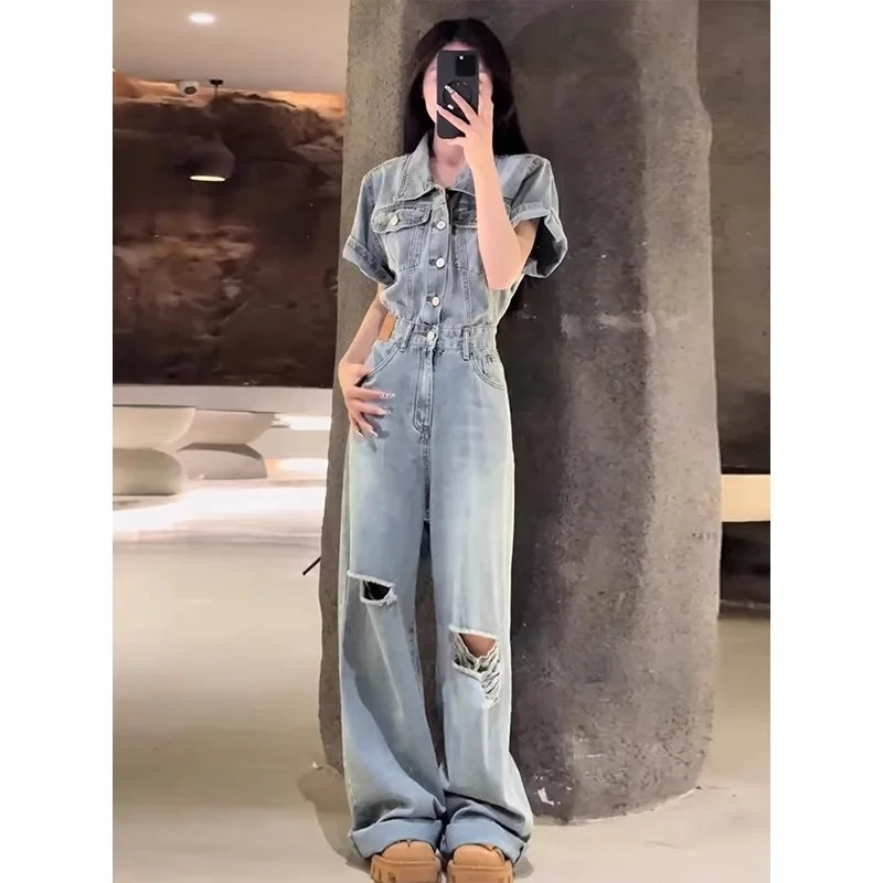 Retro American ort Sve Jumpsuit Women's Summer Design Sense Hole Waist in Jeans Floor-Length Pants Casual High Waist Zipper