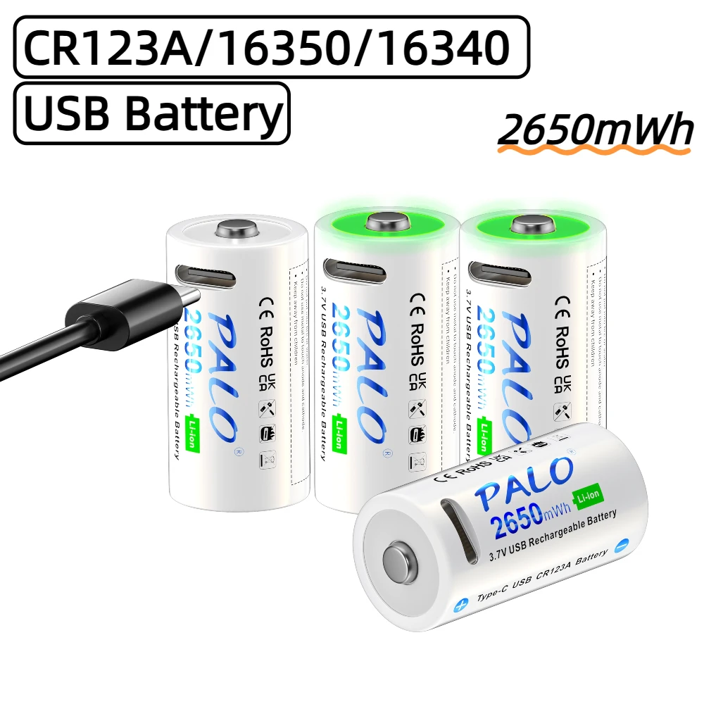 2650mWh CR123A 16350 16340 Akku 3,7V CR123 USB-Akku Li-Ion-Akku mit TYPE-C-Anschluss, für Taschenlampe, Rauchmelder