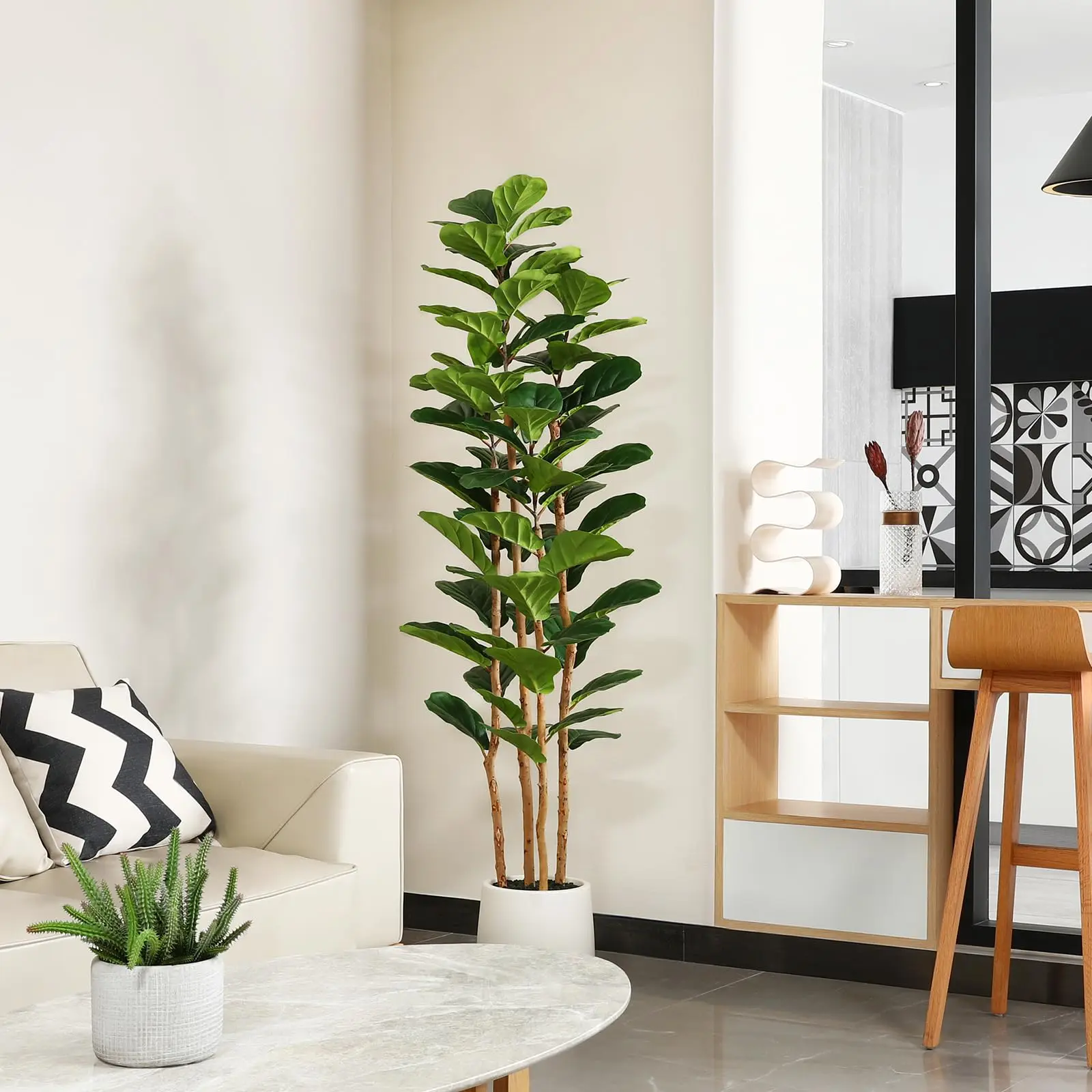 Artificial Fiddle Leaf Fig Tree with White Planter, 5ft/6ft/7ft Tall Fake Tree with Natural Wood Trunk for Home Decor, Faux Ficus Tree Fake Moss for Indoor Office Living Room