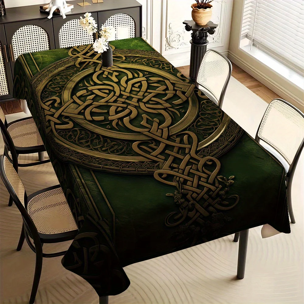 JIT-1PC Mysterious Celtic Style, Green and Gold Interwoven Patterned Tablecloth with Simple European Style Designzyc