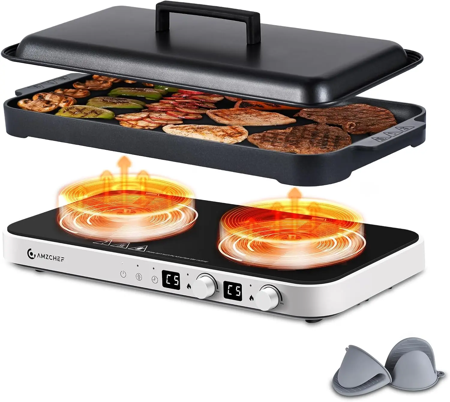 Double Induction Cooktop with Removable Iron Cast Griddle Pan Non-stick, 1800W 2 burner Portable Induction Stove With Sensor Tou