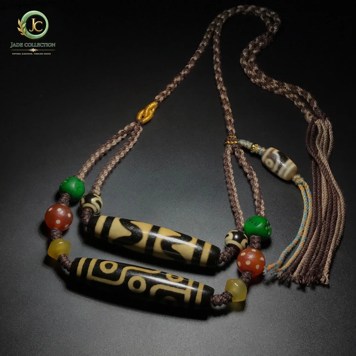 Unique Tibetan Old Oily Agate Dzi 9 Eyes Tiger Teeth Bead Amulet Necklace J0425