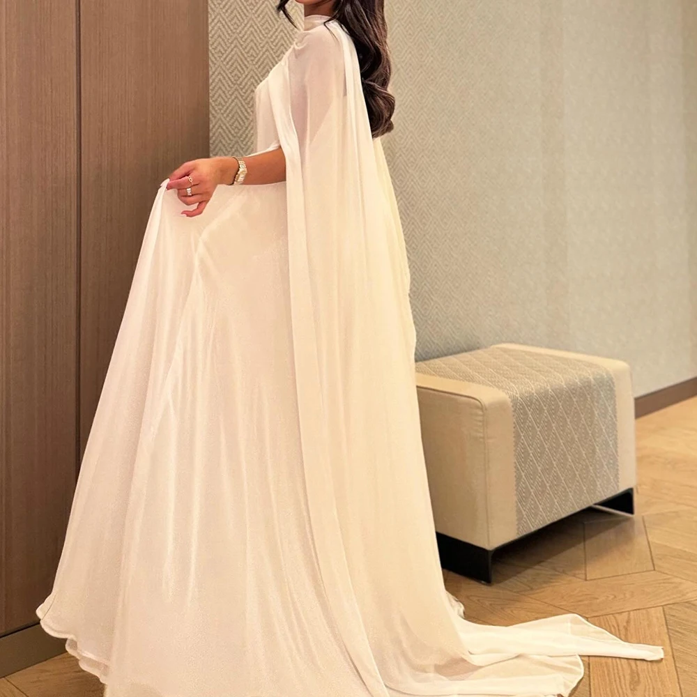 Customized Delicate Chiffon A-Line Evening Dress O-Neck Sleeveless Watteau Train White Temperament Special Occasion Gowns