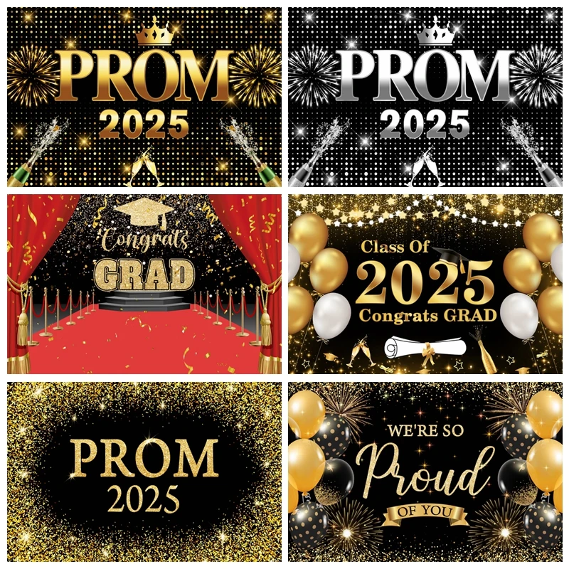 Congrats Grad ClassCongrats Grad Prom Party Portrait Photo Studio  Of 2025 Backdrop Black Gold Glitter Balloon Scholar Hat