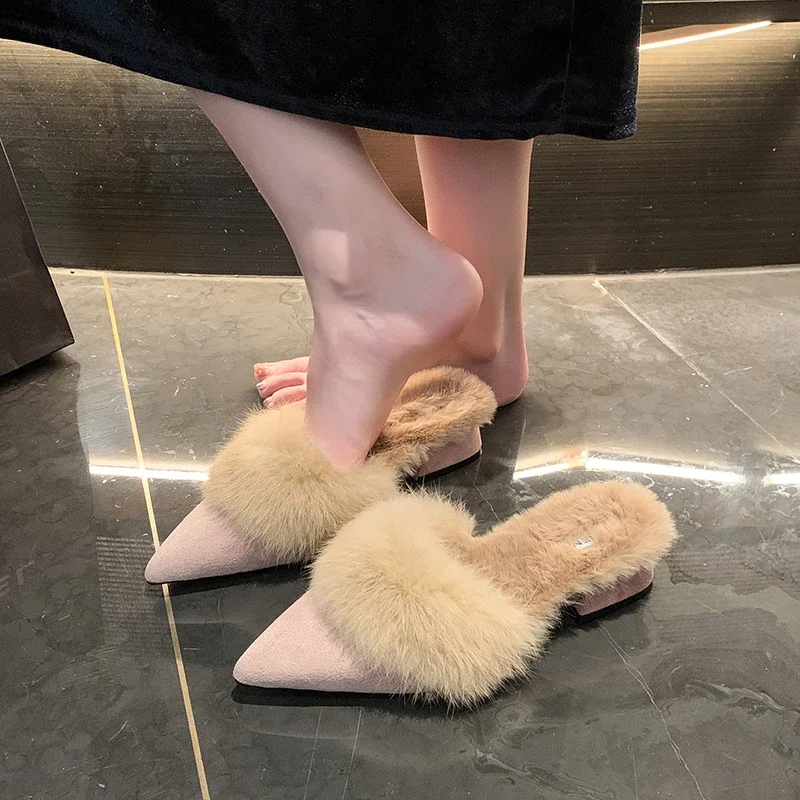 

Fashion New Baotou Fur Slippers for Women Pointed Toe Block Heel Semi-slippers Trend Casual Fluffy Cotton Slippers Zapatos Mujer