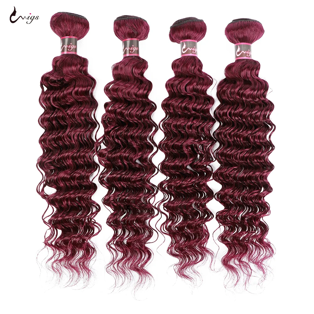 Bundles Deep Wave avec fermeture, Extensions de cheveux humains brésiliens colorés, Rouge, Bordeaux, 99J, Femmes