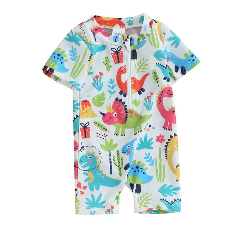 Toddler Boys Rash Guard Swimsuit Dinosaur Print Short Sleeve Round Neck Front Zip Up Beach Wear