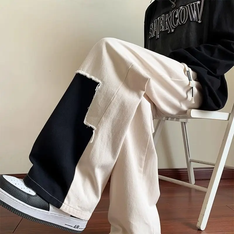 봄과 여름 남성 미국 패션 브랜드 하이 스트리트 인형 스플 라이스 대비 색상 루즈 스트레이트 캐주얼 바지