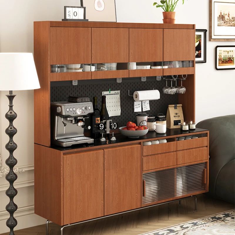 Retro sideboard, wall-to-wall integrated solid wood multi-functional pre-owned storage, tea, shelf, coffee machine, table