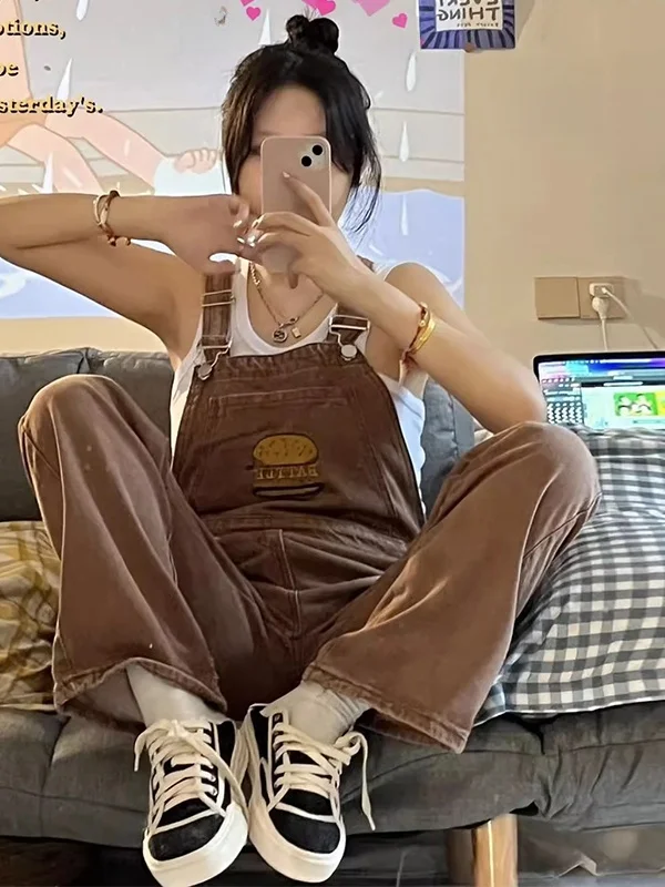 

Коричневые джинсовые комбинезоны с вышивкой больших размеров, женские свободные прямые леггинсы в американском стиле ретро, утягивающие широкие брюки с высокой талией