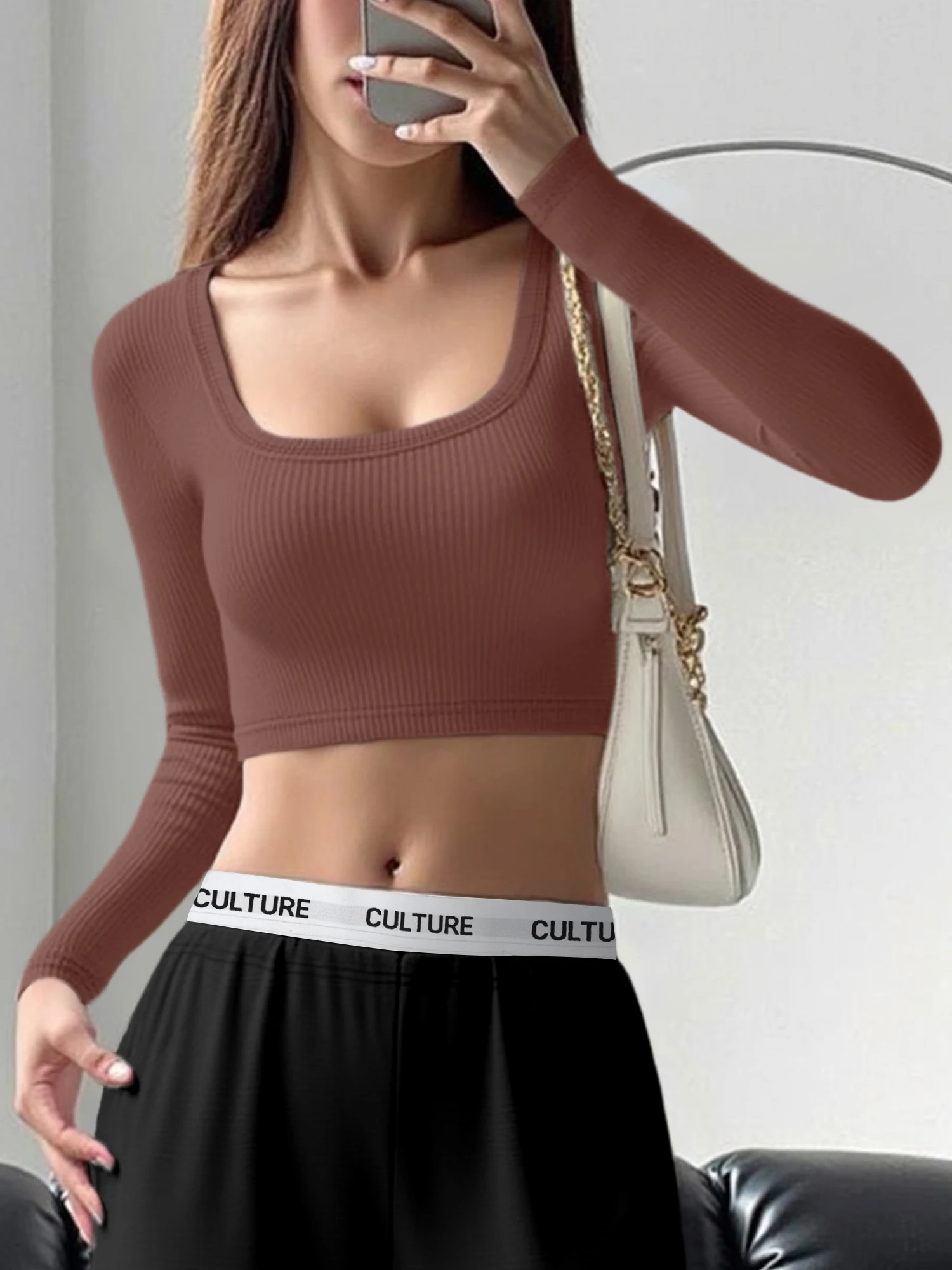 Mobility-Fit Square Neck Crop Top, Stretch Long Sleeve Tee for Dance Workouts & Calisthenics