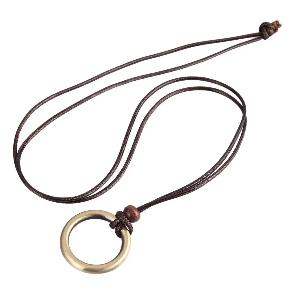 Alloy Ring Pendant Necklace Vintage Wax Cord Braided Chain Fashion Jewelry Accessory for Men and Women
